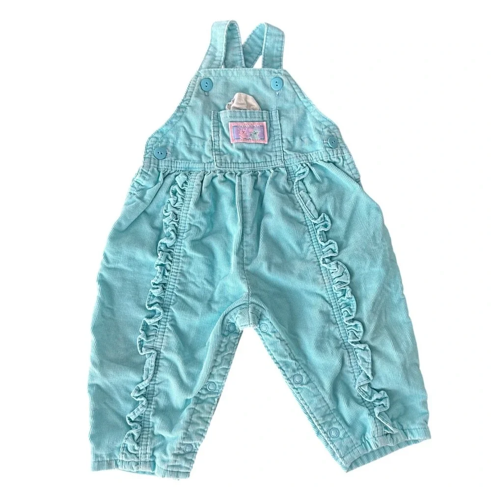 VTG OshKosh‎ B'gosh Corduroy Overalls Pants Baby 6-9M Teal Blue Ruffle USA Made